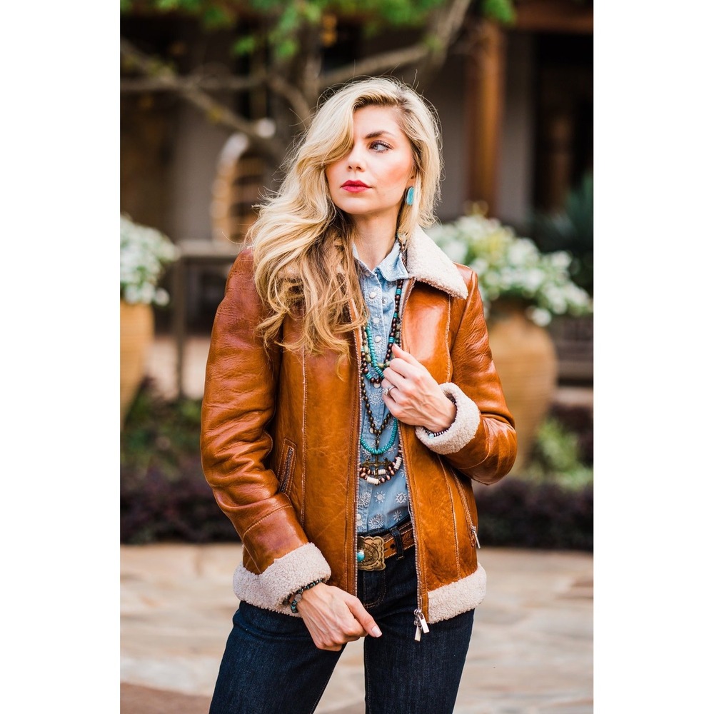 Scully Womens Cognac Brown Leather Faux Shearling Aviator Jacket Medium